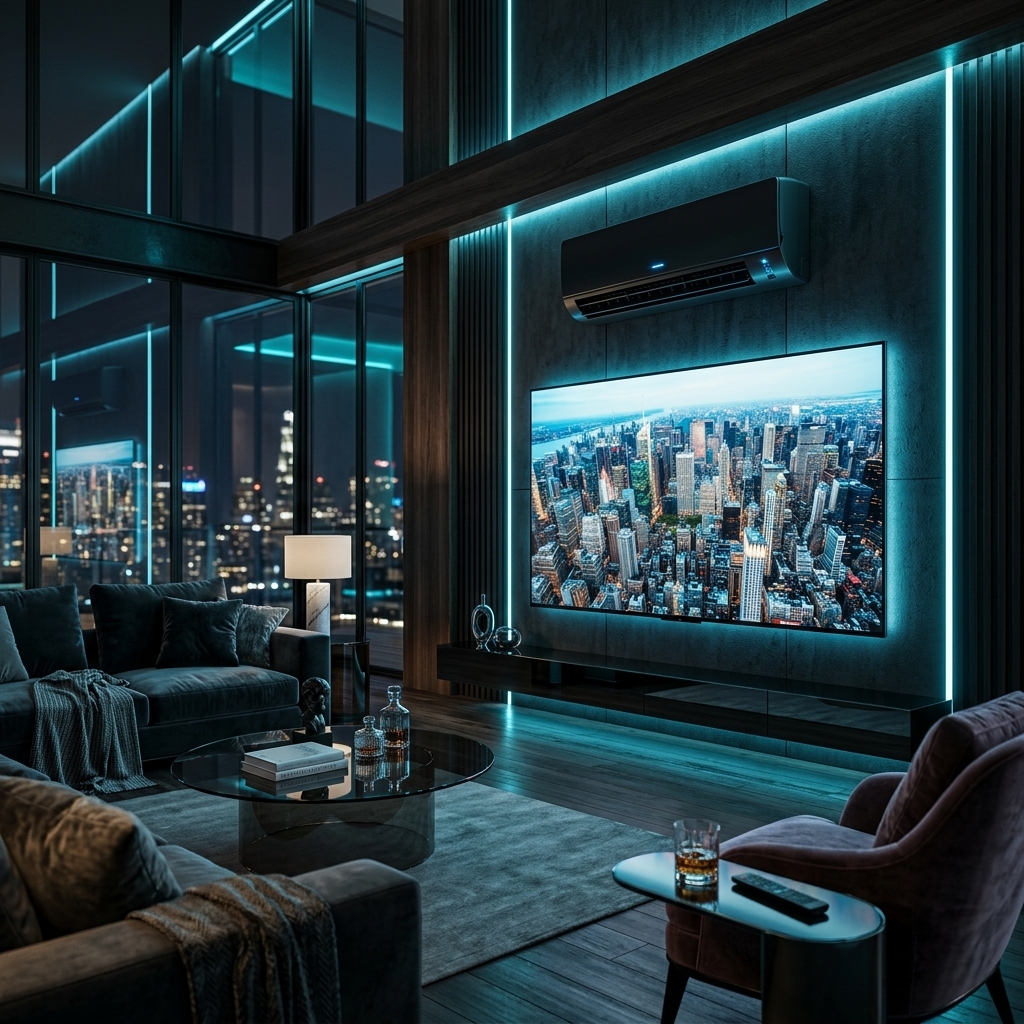 Ultra-luxury smart living room with OLED TV and AC — Priya Electronics