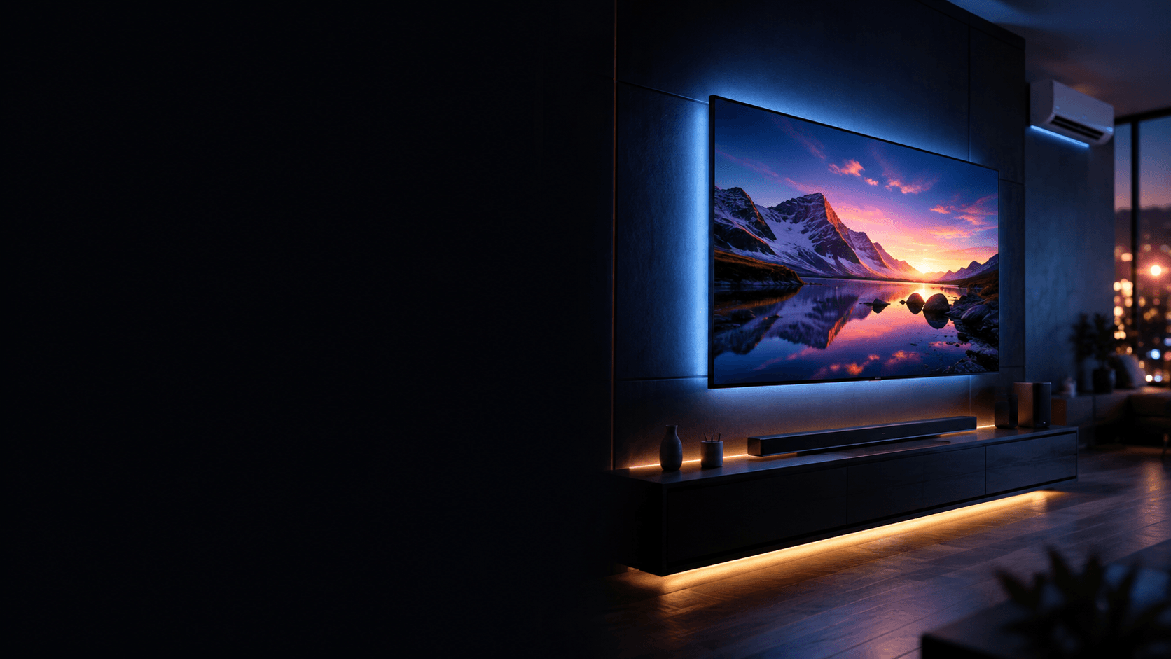 Premium OLED TV with cinematic blue/amber ambient lighting — Priya Electronics